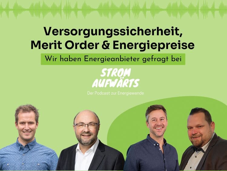 In episode #9 of 'Strom Aufwärts', Frank Kalliora, Thomas Weber, Florian Henle and Michael Ramczykowski (from left to right) answer our questions about the energy crisis. (Photos: Prokon, ESDG, Polarstern, NEW Energie)