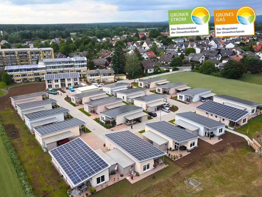 Photo of a residential park consisting of several bungalows with solar roofs surrounded by greenery and a housing estate in the background