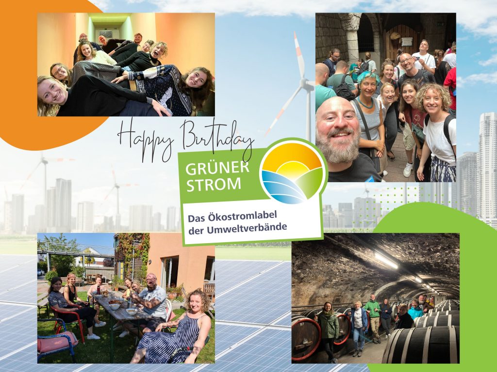 Eine Collage aus 4 Fotos, die das Team des Grüner Strom Label e.V.s auf verschiedenen Ausflügen zeigen (in einem Keller mit Fässern, in einem Garten etc.)