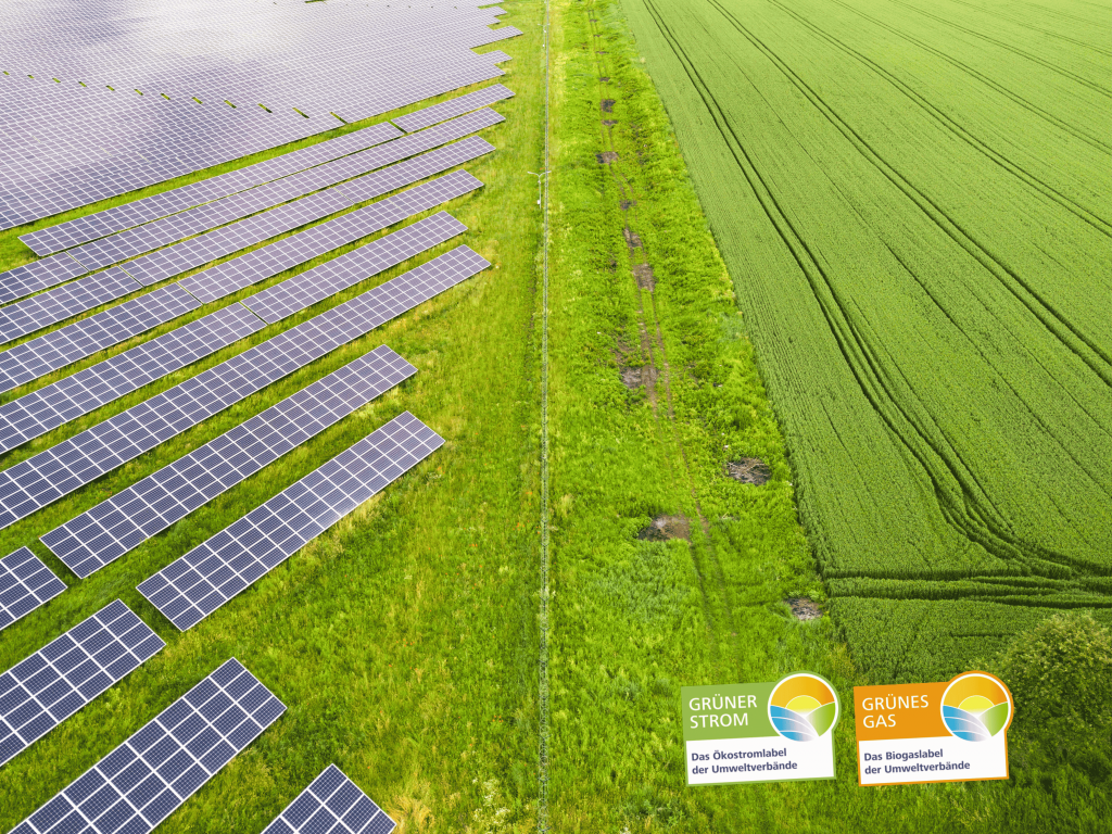 Solarkraftwerk neben grünem Feld