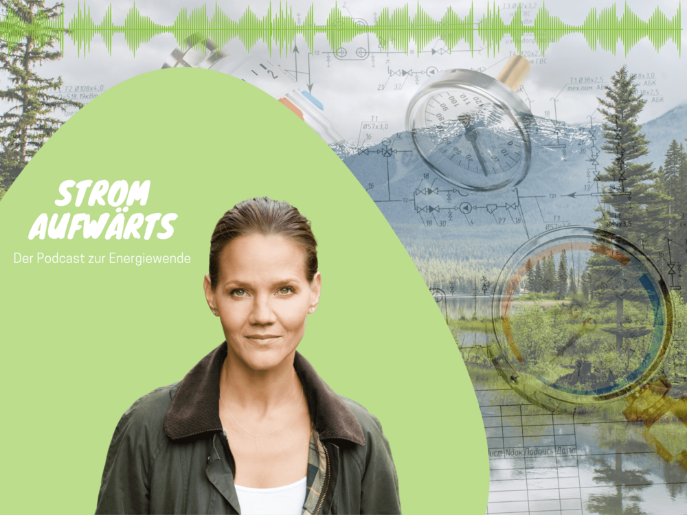 Photo of a woman with a tight braid and wearing a green jacket (Barbara Metz), looking determinedly into the camera. Next to it is the logo of the podcast "Strom Aufwärts"