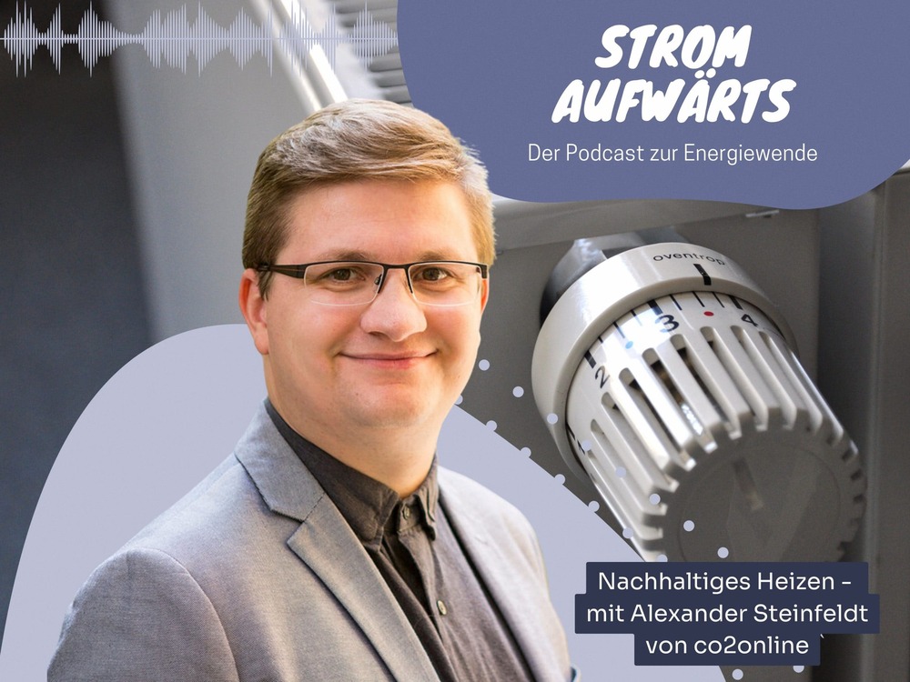 Photo of a man with glasses in a gray jacket, looking into the camera and smiling, (Alexander Steinfeldt) in front of a photo of a heating regulator and the logo of the podcast "Strom Aufwärts"