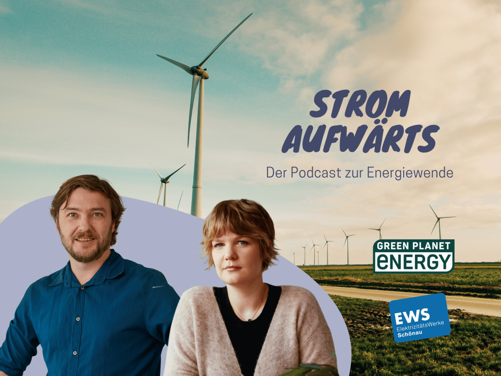 Podcast-Gäst:innen vor blauem Kreis und Windrädern